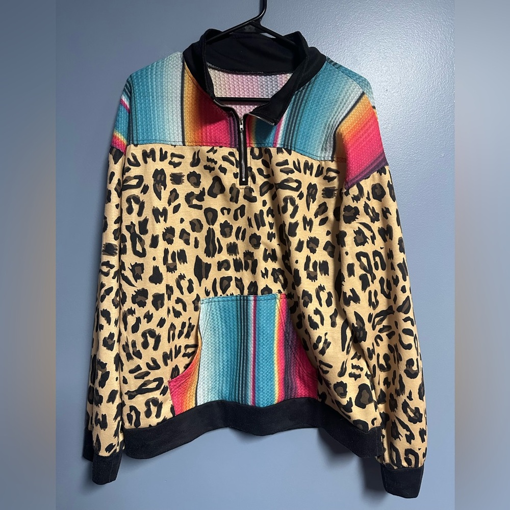Colorful Leopard Print Women's 1/4 zip up pullover XL joyco stockyard serape